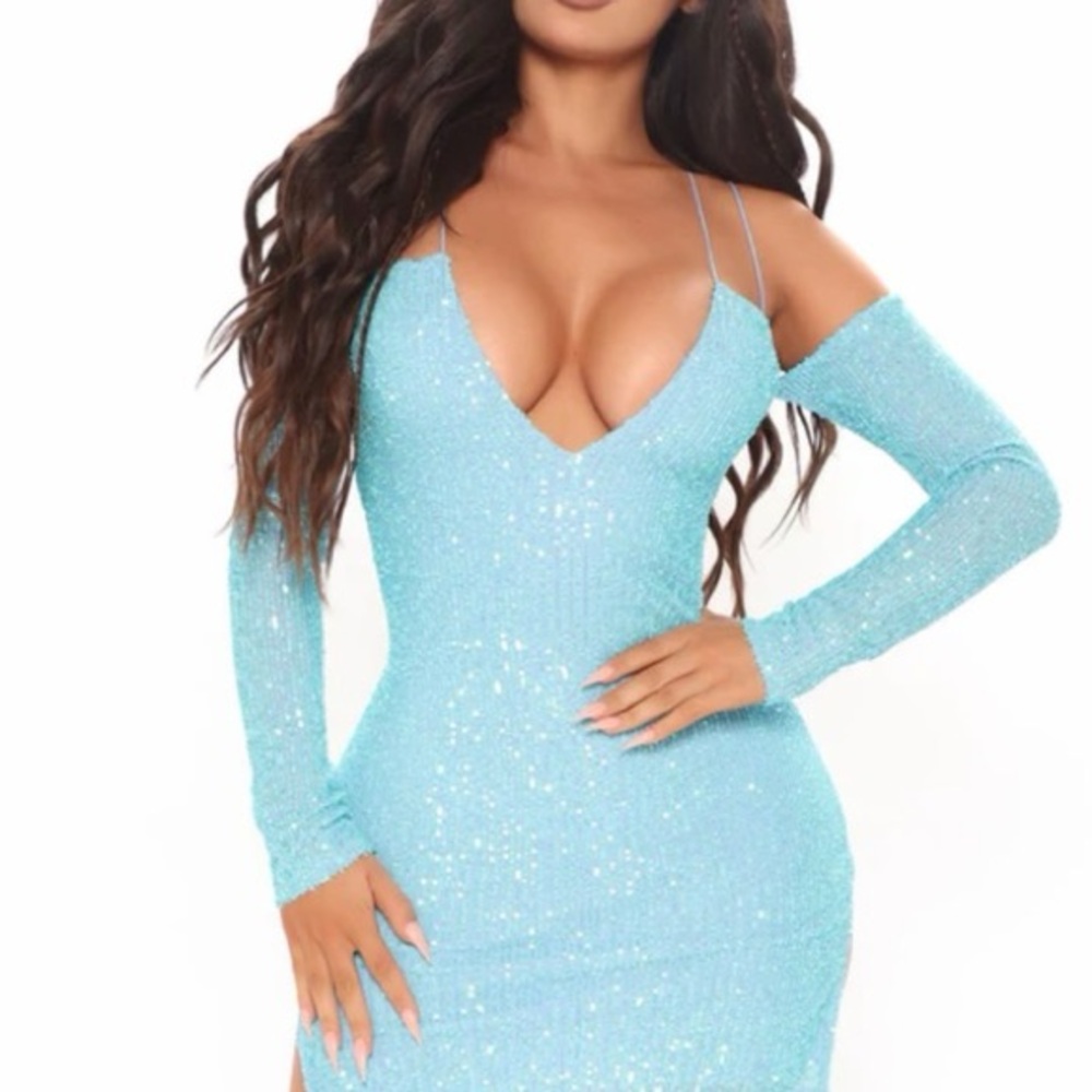 Fashion Nova Sparkling Aqua Sequin Bodycon Dress with Cold-Shoulder Sleeves